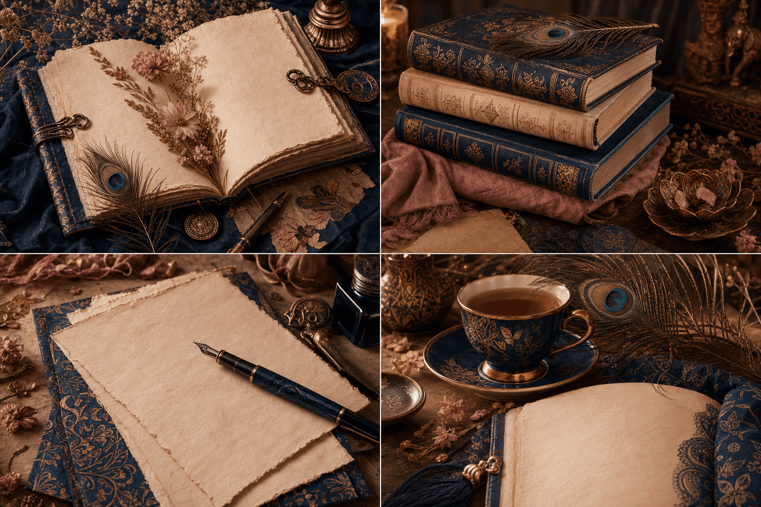 A parchment writing desk with flowers, books, and a peacock feather.