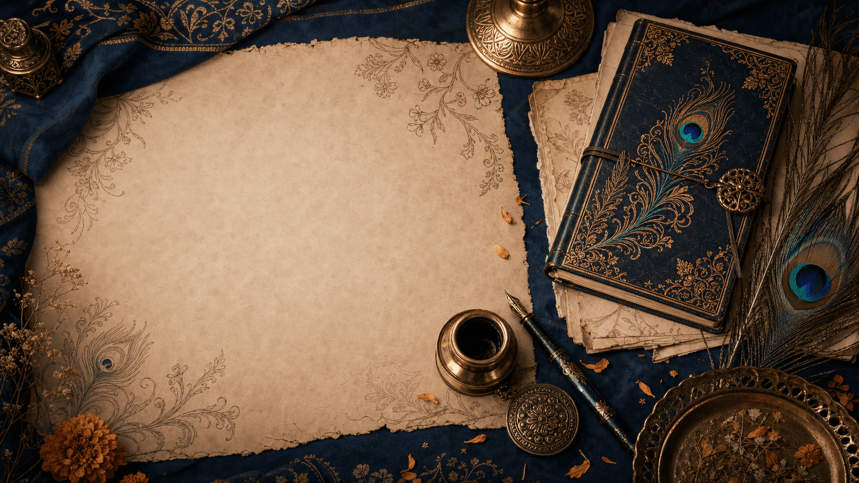 A navy and parchment writing desk with an ornate journal, ink pot, and peacock feather.