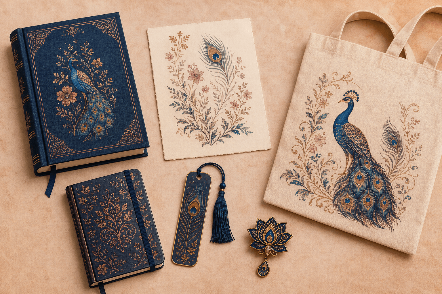 A navy clothbound mock book with peacock ornamentation.